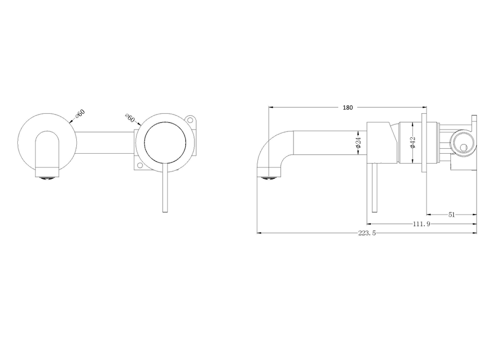 Technical Drawing: Nero Mecca Wall Basin Mixer Sep BP Handle Up 185mm Spout Brushed Gold