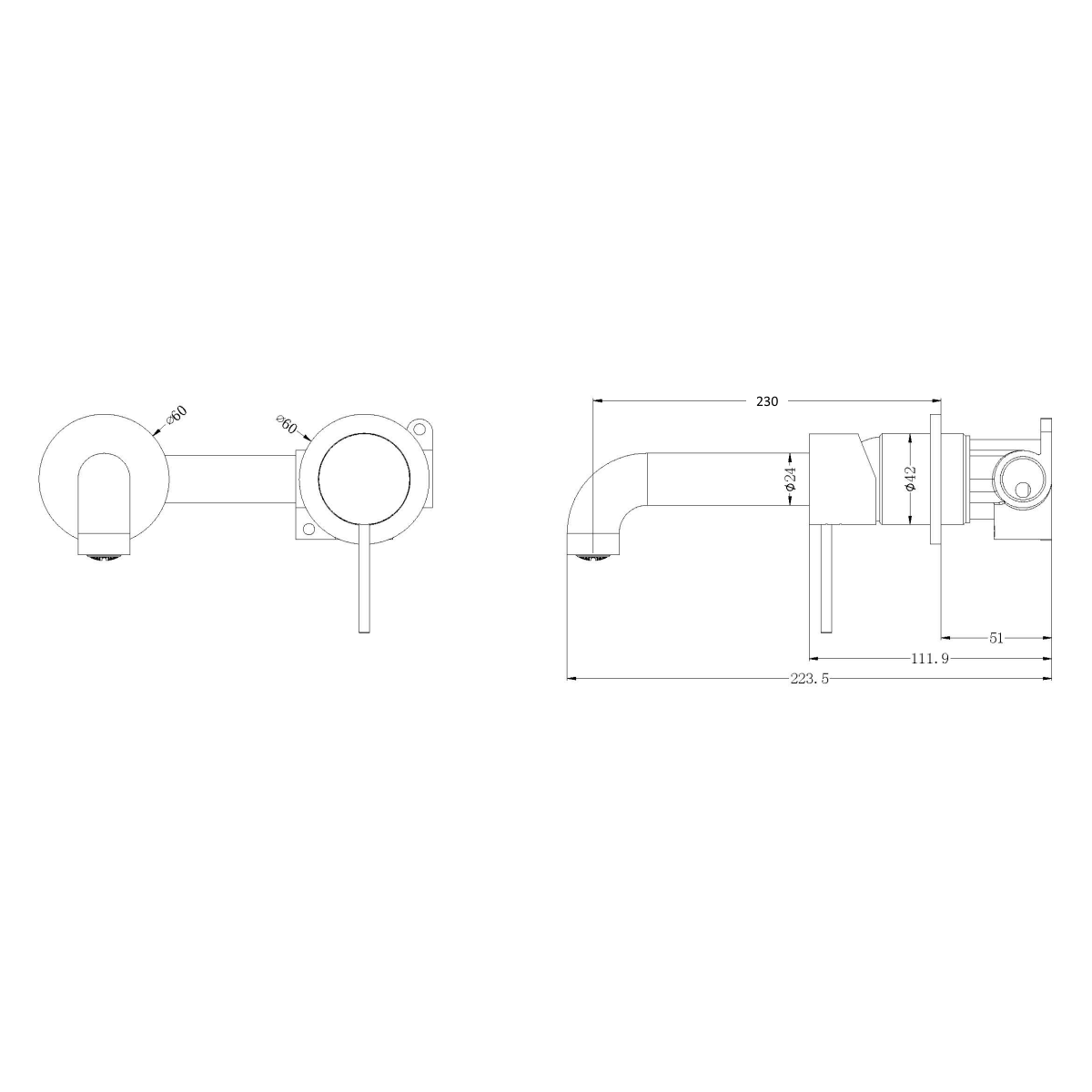 Technical Drawing: Nero Mecca Wall Basin Mixer Sep BP 185mm Spout Gun Metal
