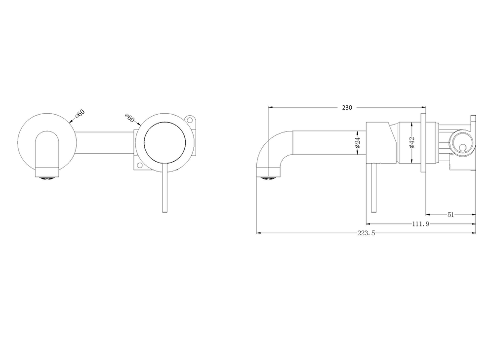 Technical Drawing: Nero Mecca Wall Basin Mixer Sep BP 230mm Spout Gun Metal