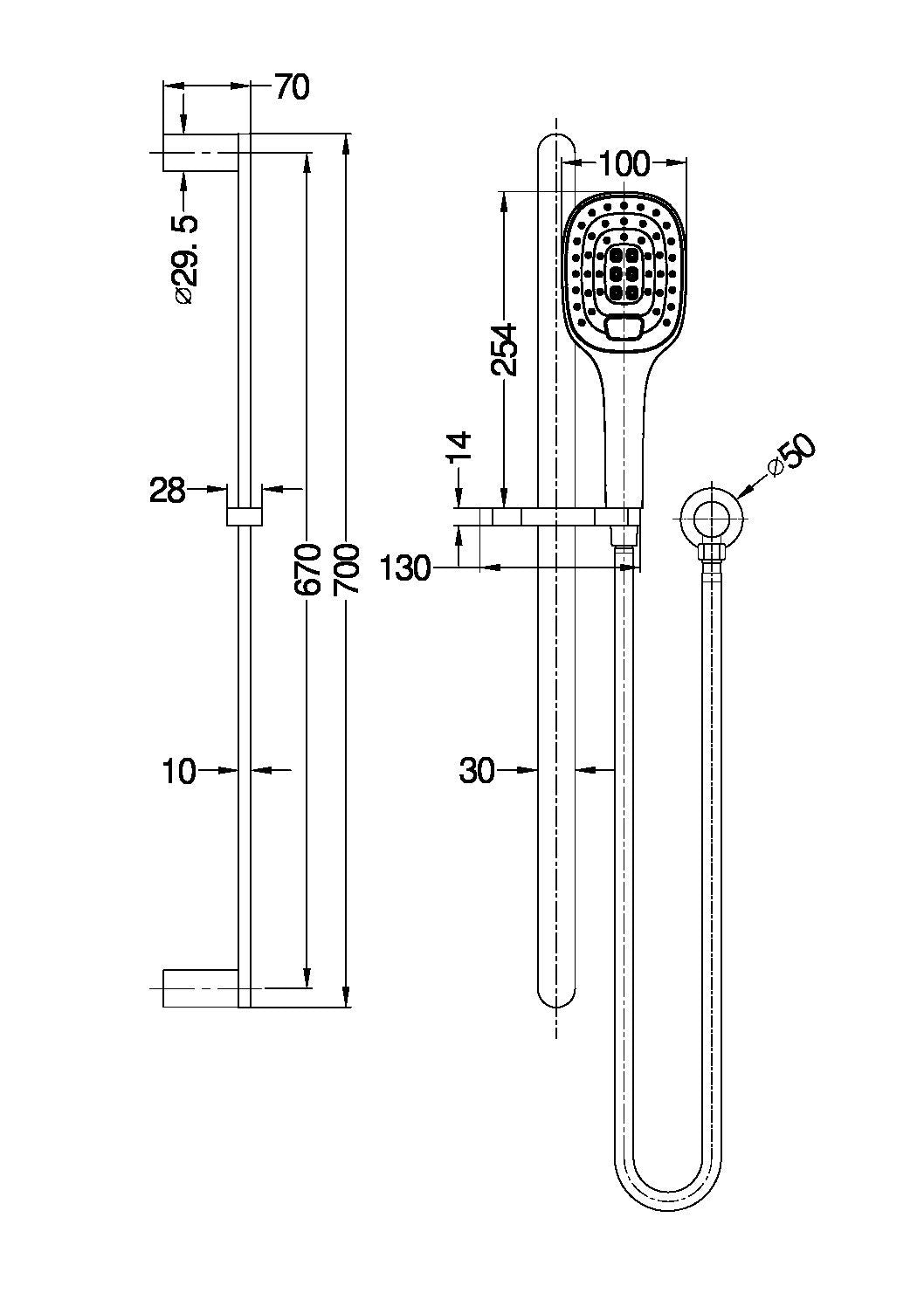 Technical Drawing: Nero Ecco Shower Rail Matte Black