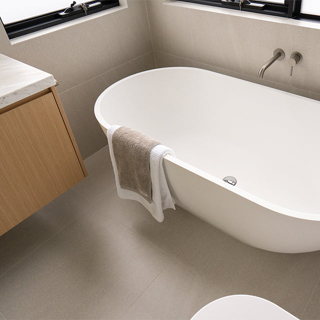 Caroma Liano brushed nickel bath taps | Modern Melbourne Bathroom Renovation | The Blue Space