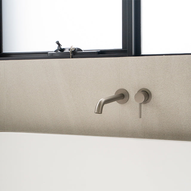 Caroma Liano brushed nickel bath taps | Modern Melbourne Bathroom Renovation | The Blue Space