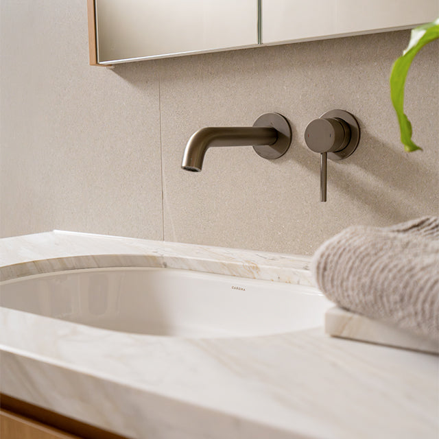 Caroma Liano gunmetal basin taps | Modern Melbourne Bathroom Renovation | The Blue Space