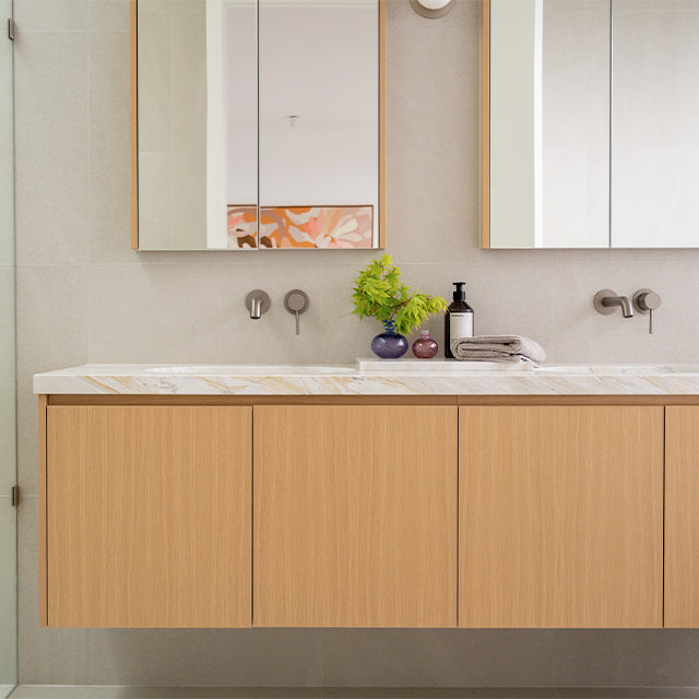 Caroma Liano brushed nickel basin taps | Modern Melbourne Bathroom Renovation | The Blue Space