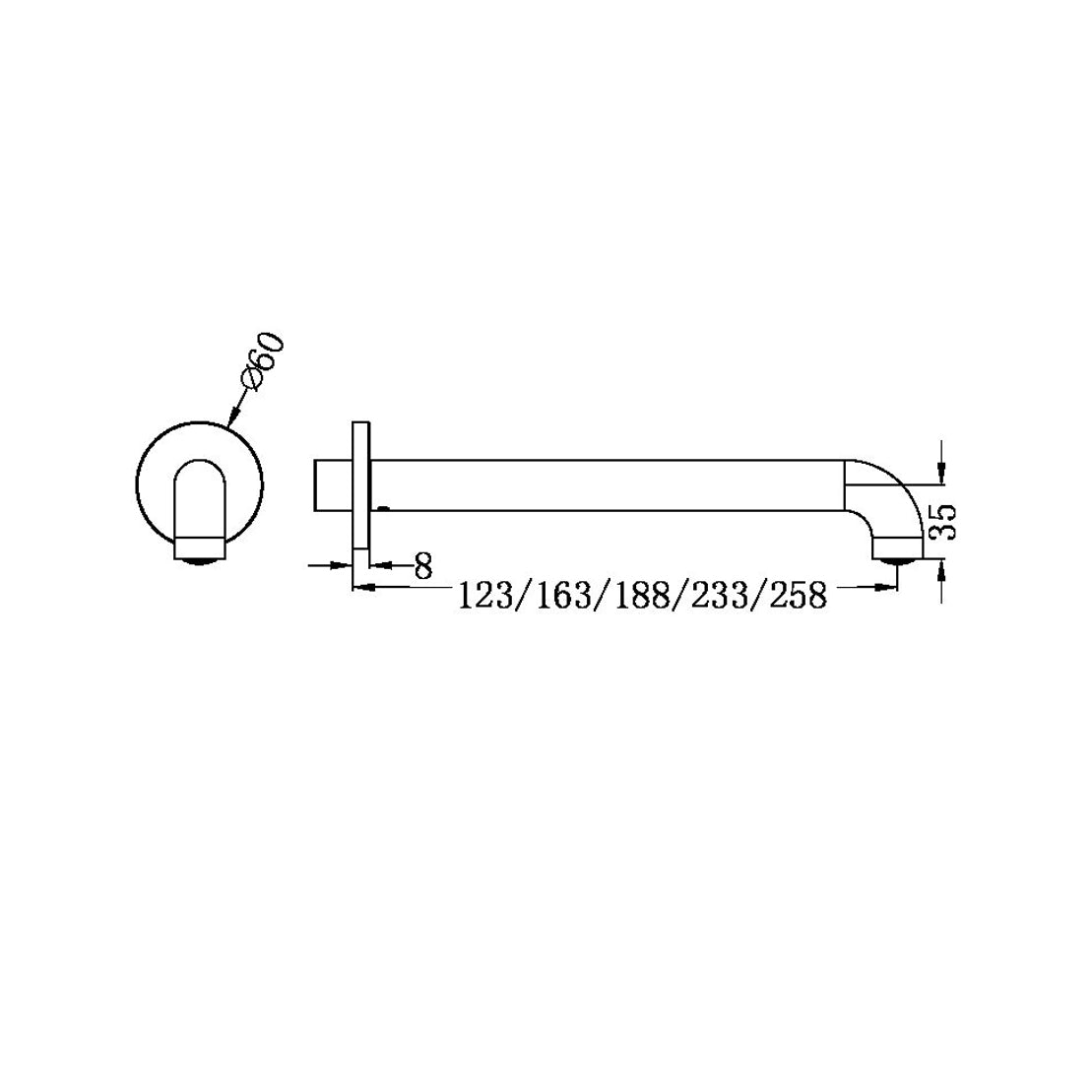 Nero Mecca Basin/Bath Spout Only Chrome technical drawing | The Blue Space