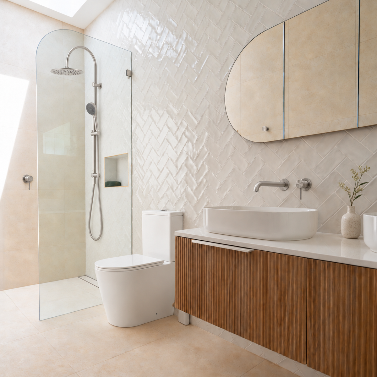 A modern bathroom interior featuring a walk-in glass shower enclosure, white toilet, vessel sink on a floating wood vanity, and a large arched mirror against a beige herringbone tile wall.