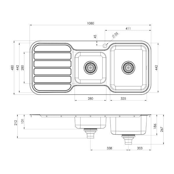 Phoenix 1000 Series 1-3/4 Bowl Sink 1080 x 480mm - Right Hand - line drawing