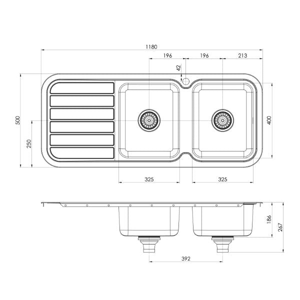 Phoenix 1000 Series Double Bowl Sink 1180 x 500mm - Right Hand - line drawing