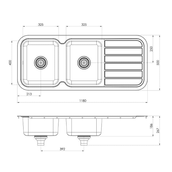 Phoenix 1000 Series Double Bowl Sink 1180 x 500mm
