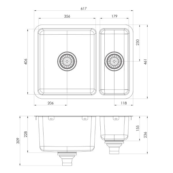 Phoenix 2000 Series 1-1/2 Bowl Sink 617 x 461mm The Blue Space - line drawing