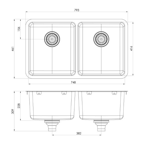 Phoenix 2000 Series Double Bowl Sink 793 x 461mm The Blue Space - line drawing