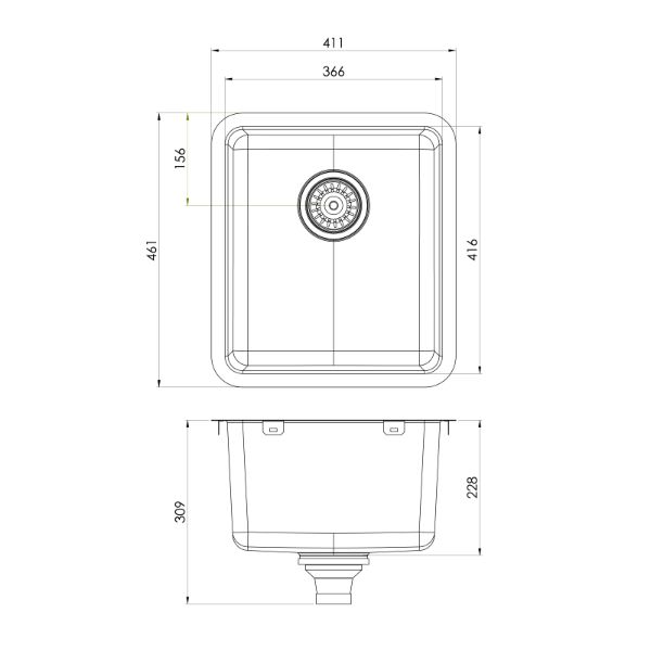 Phoenix 2000 Series Single Bowl Sink 411 x 461mm The Blue Space - line drawing