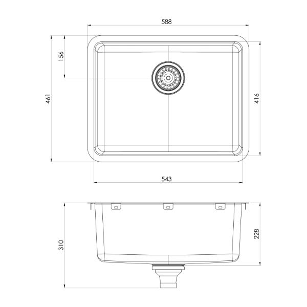 Phoenix 2000 Series Single Bowl Sink 588 x 461mm The Blue Space - line drawing