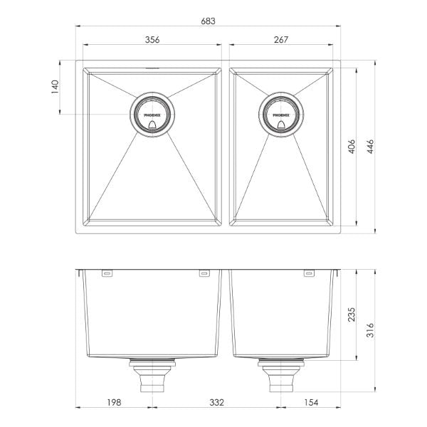Phoenix 4000 Series 1-3/4 Bowl Sink 683 x 446mm LH Bowl The Blue Space - line drawing