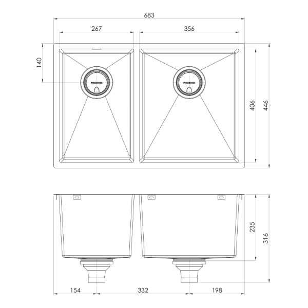 Phoenix 4000 Series 1-3/4 Bowl Sink 683 x 446mm RH Bowl The Blue Space - line drawing