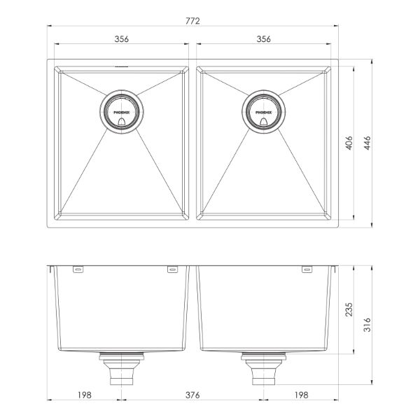 Phoenix 4000 Series Double Bowl Sink 772 x 446mm The Blue Space - line drawing