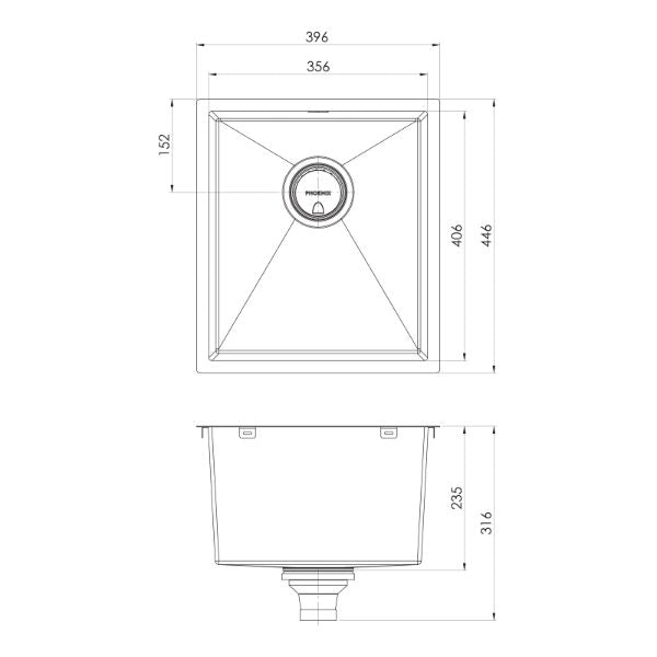 Phoenix 4000 Series Single Bowl Sink 396 x 446mm The Blue Space - line drawing
