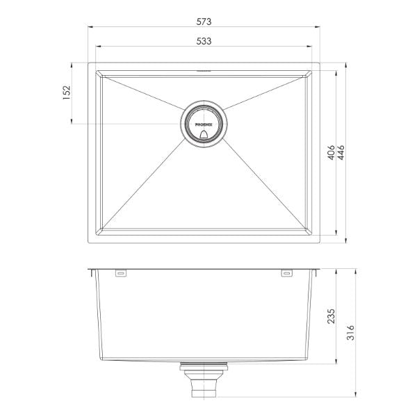 Phoenix 4000 Series Single Bowl Sink 573 x 446mm The Blue Space - line drawing