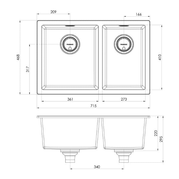 Phoenix 5000 Series 1-3/4 Bowl Quartz Resin Sink 715 x 468mm Matte Black LH Bowl The Blue Space - line drawing