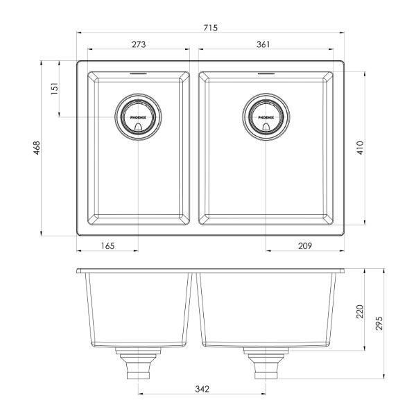 Phoenix 5000 Series 1-3/4 Bowl Quartz Resin Sink 715 x 468mm Matte Black RH Bowl The Blue Space - line drawing