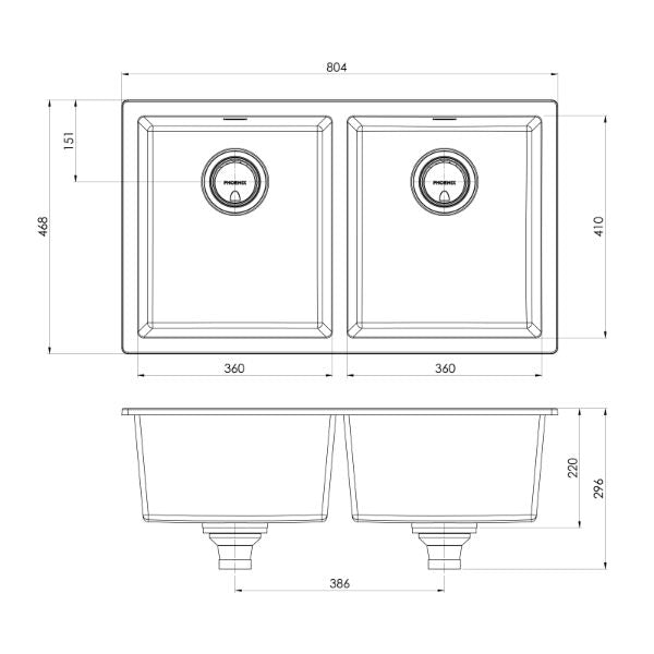 Phoenix 5000 Series Double Bowl Quartz Resin Sink 804 x 468mm Matte Black The Blue Space - line drawing