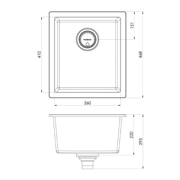 Phoenix 5000 Series Single Bowl Quartz Resin Sink 418 x 468mm Matte Black The Blue Space - line drawing