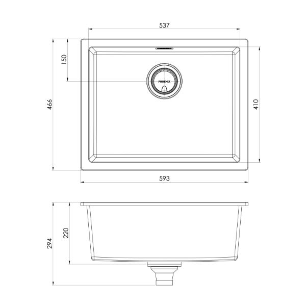 Phoenix 5000 Series Single Bowl Quartz Resin Sink 593 x 466mm Matte Black The Blue Space - line drawing