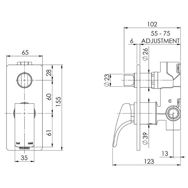 Phoenix Rush Wall Mixer with Diverter Technical Drawings at The Blue Space