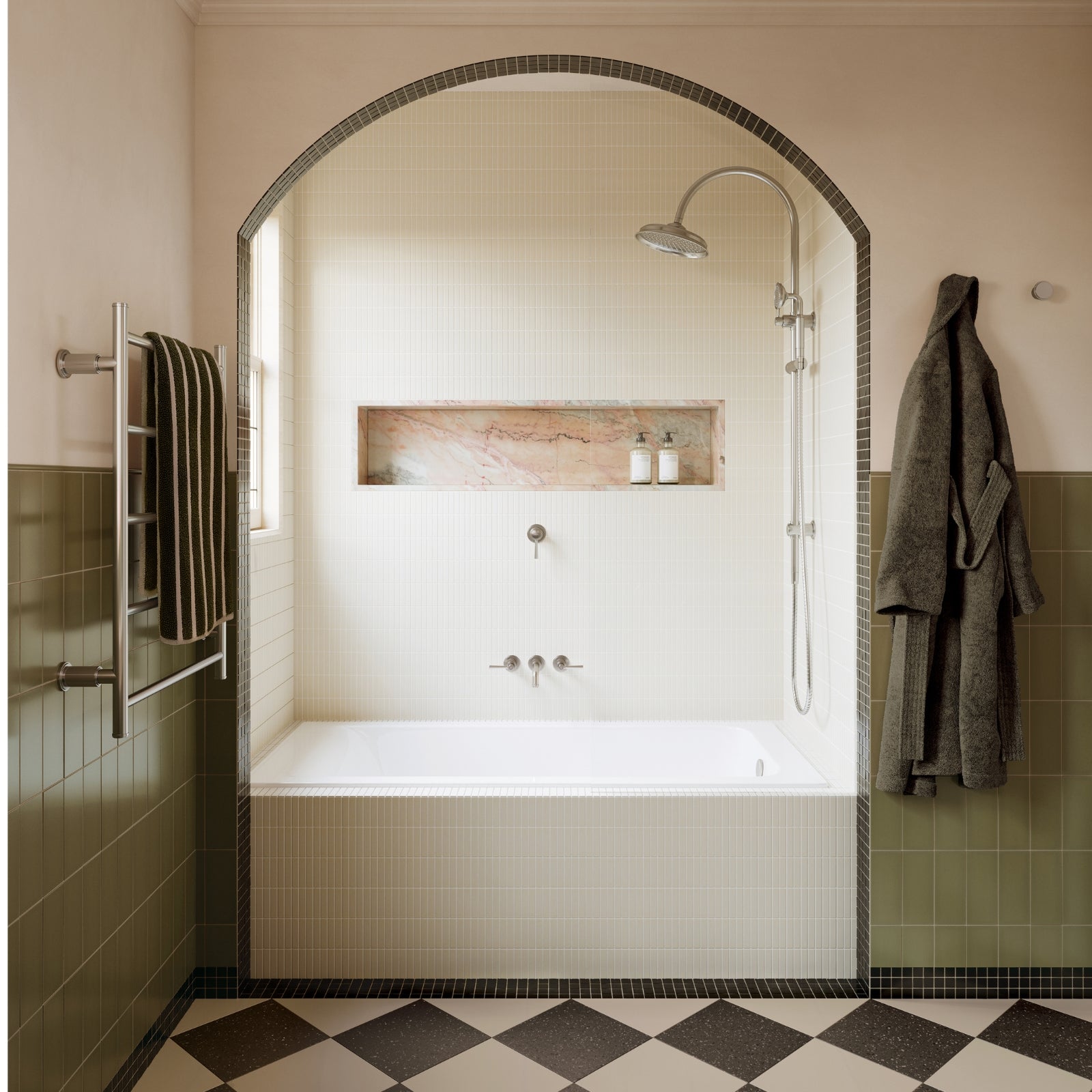 Art Deco Bathroom with checkered tile floor - Phoenix Wiltern available at The Blue Space