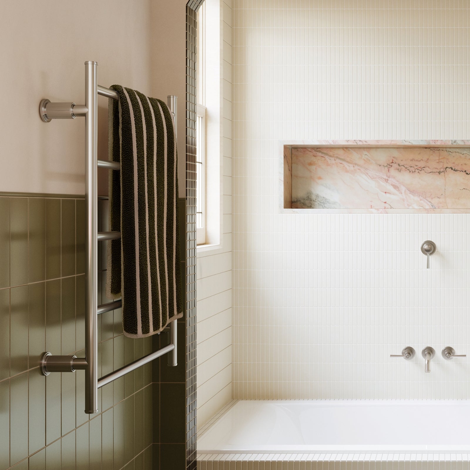 Bathroom interior with towel rack, bathtub, and wall art. Art Deco style bathroom - Phoenix Wiltern available at The Blue Space