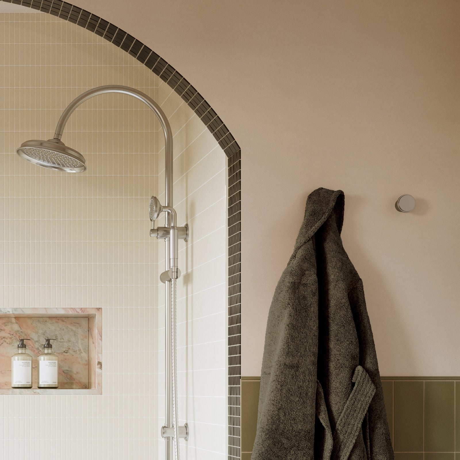 Art Deco bathroom interior with Phoenix Wiltern Robe Hooks in Brushed Nickel - The Blue Space