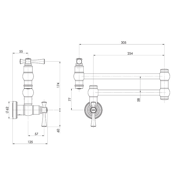 Phoenix Cromford Wall Mounted Pot Filler Technical Drawing - The Blue Space