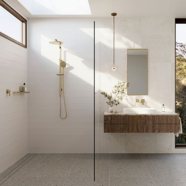 Phoenix Tapware Oxley LuxeXP Twin Rail Shower in biophilic bathroom design - The Blue Space