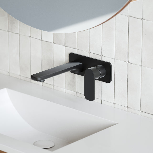 Caroma Luna Lead Free Wall Basin/Bath Mixer Black on white subway tiles