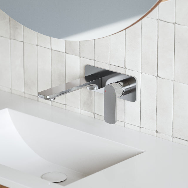 Caroma Luna Lead Free Wall Basin/Bath Mixer Chrome on white textured subway tile