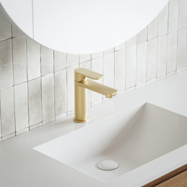 Caroma Luna Lead Free Basin Mixer Brushed Brass with Sicily Bianco White Gloss Bejmat Cushioned Edge Porcelain Tile 50x150mm