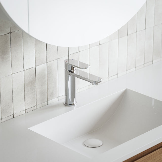 Caroma Luna Lead Free Basin Mixer Chrome in bathroom with white textured subway tiles