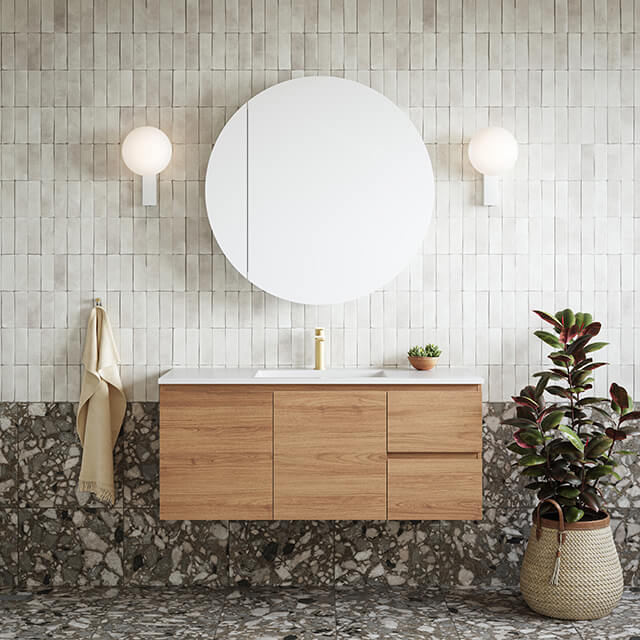 Timberline swift wall hung vanity and timberline havana shaving cabinet in terrazzo tiled bathroom with subway tile feature wall and Caroma Luna Lead Free Basin Mixer Brushed Brass