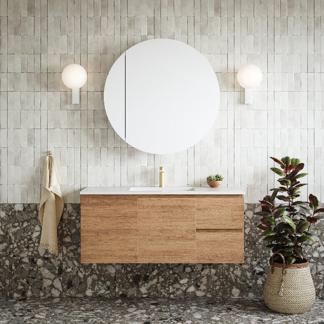 Timberline swift wall hung vanity and timberline havana shaving cabinet in terrazzo tiled bathroom with subway tile feature wall and Caroma Luna Lead Free Basin Mixer Brushed Brass