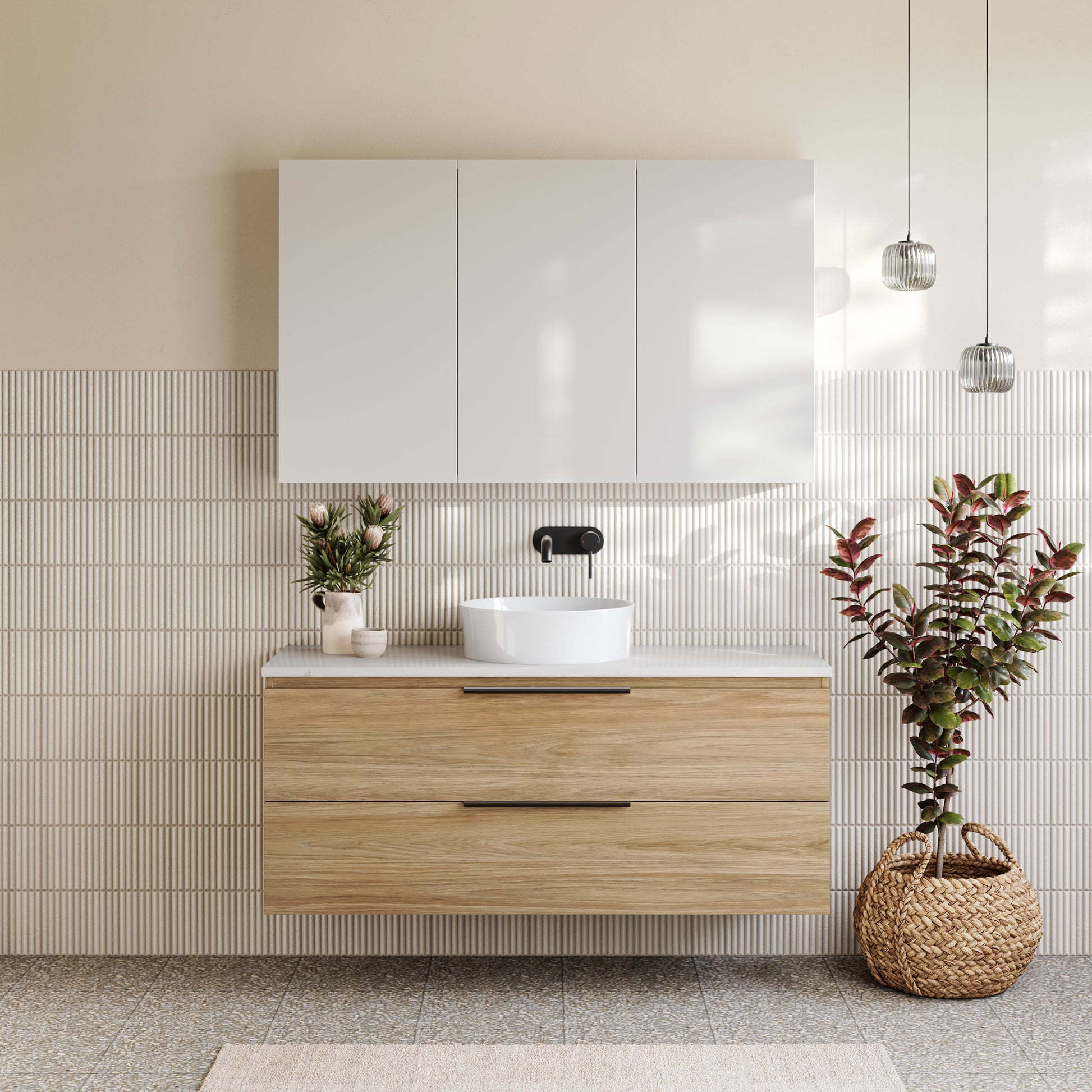 Timberline Nevada Plus Wall Hung Vanity with Above Counter Basin, timberline tennessee shaving cabinet, telbix bobo lights, white kitkat tiles and island grey terrazzo grey tiles. Caroma Liano II tapware matte black