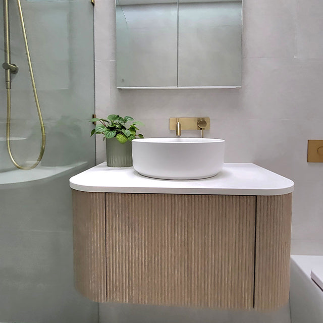 The Blue Space x Style Sourcebook main bathroom renovation. Caroma, ADP, Phoenix Tiles.