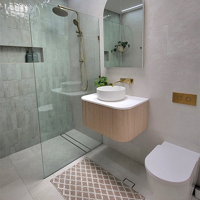 The Blue Space x Style Sourcebook main bathroom renovation. Caroma, ADP, Phoenix Tiles.