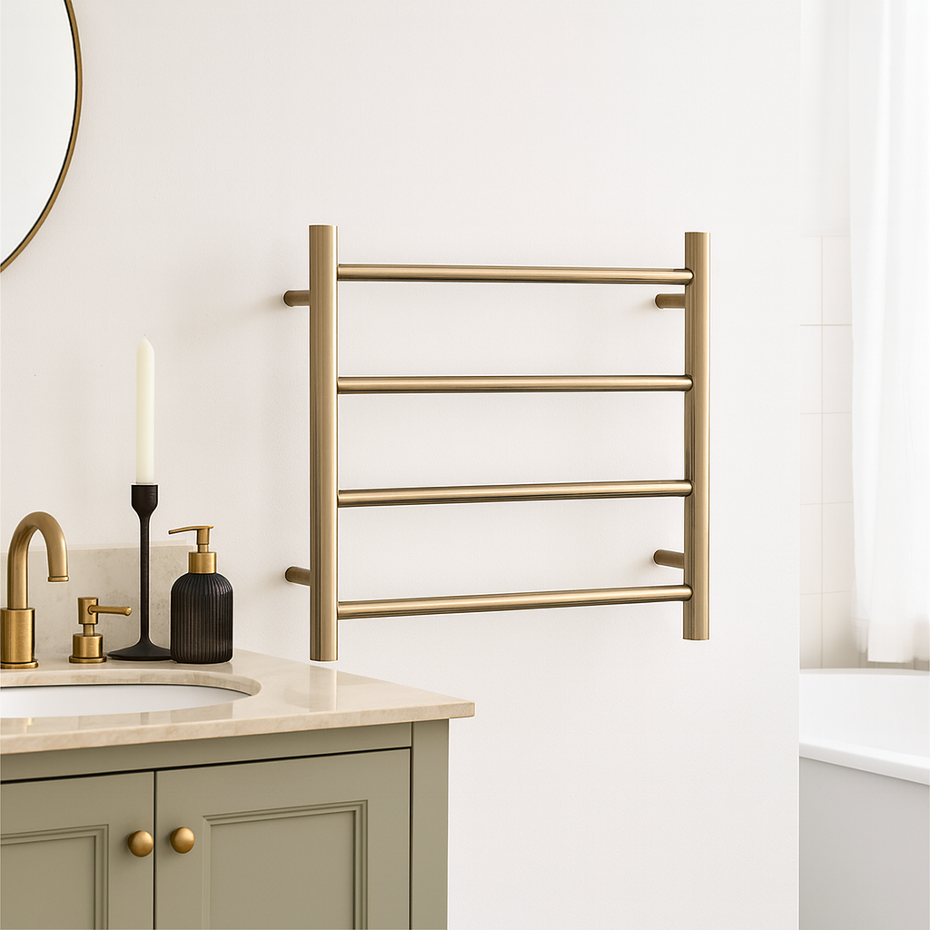 Thermogroup 4 Bar Thermorail Round Heated Towel Ladder 550mm - Brushed Brass in modern classic bathroom design.