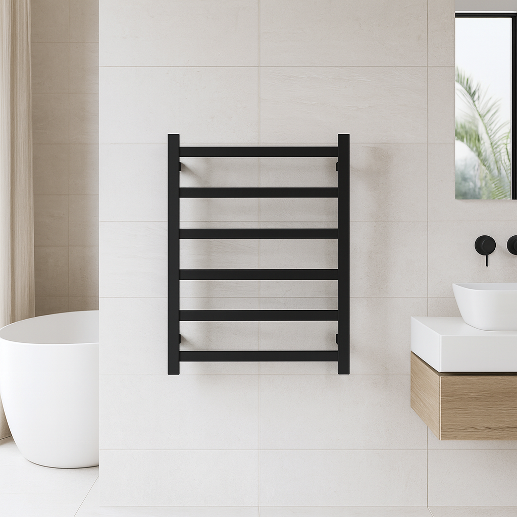 Thermogroup 6 Bar Thermorail Matte Black Straight Square Heated Towel Ladder 600mm in resort style bathroom