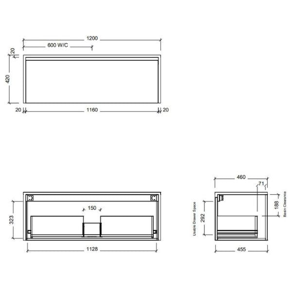 Timberline Ainsworth 1200mm Wall Hung Vanity - Line Drawing - The Blue Space