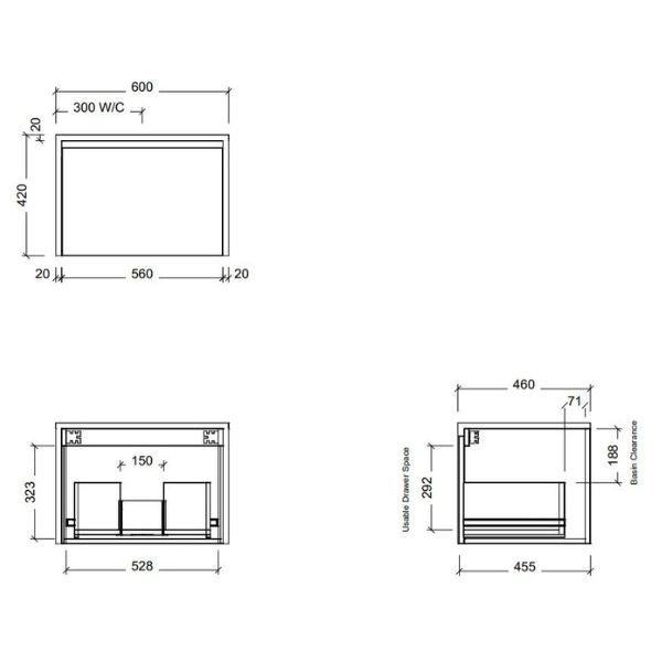 Timberline Ainsworth 600mm Wall Hung Vanity - Line Drawing - The Blue Space