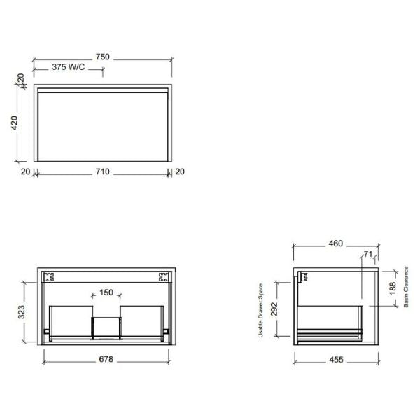 Timberline Ainsworth 750mm Wall Hung Vanity - Line Drawing - The Blue Space