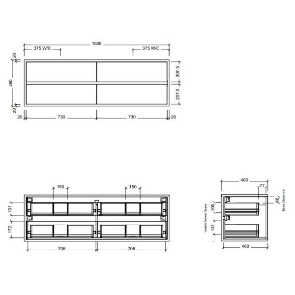 Timberline Embrace 1500mm Double Wall Hung Vanity Line Drawing - The Blue Space