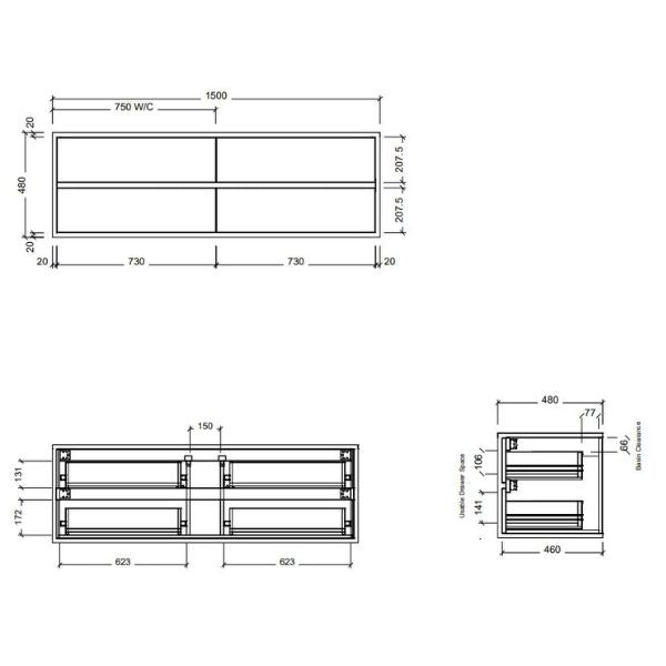 Timberline Embrace 1500mm Wall Hung Vanity Line Drawing - The Blue Space
