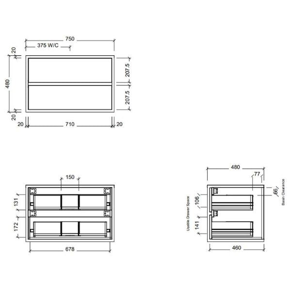 Timberline Embrace 750mm Wall Hung Vanity Line Drawing - The Blue Space